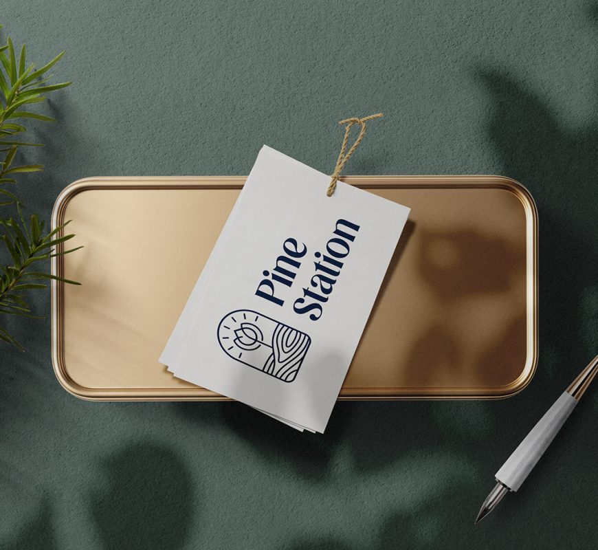 Clean minimal label mockup on gold cartridge and conifer background. PSD file.